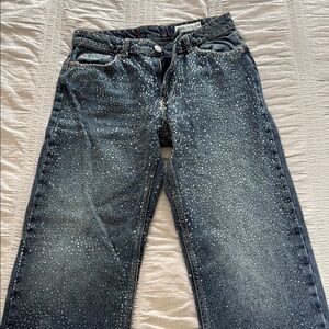 Zara Blue Straight Leg Jeans with Vintage Wash Rhinestone embellishment
